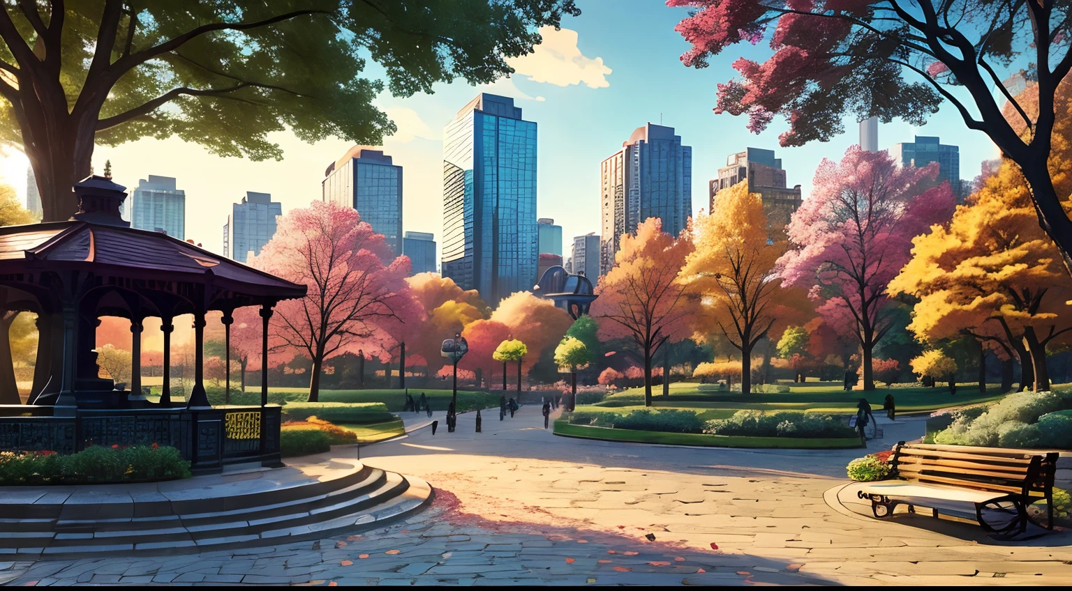 (최고의 품질:1.0), a vibrant park in the middle of a 밝은 cityscape, 나무, 벤치, 조각상 1개, 전망대 1개, 조약돌 길, 만화 스타일, 밝은