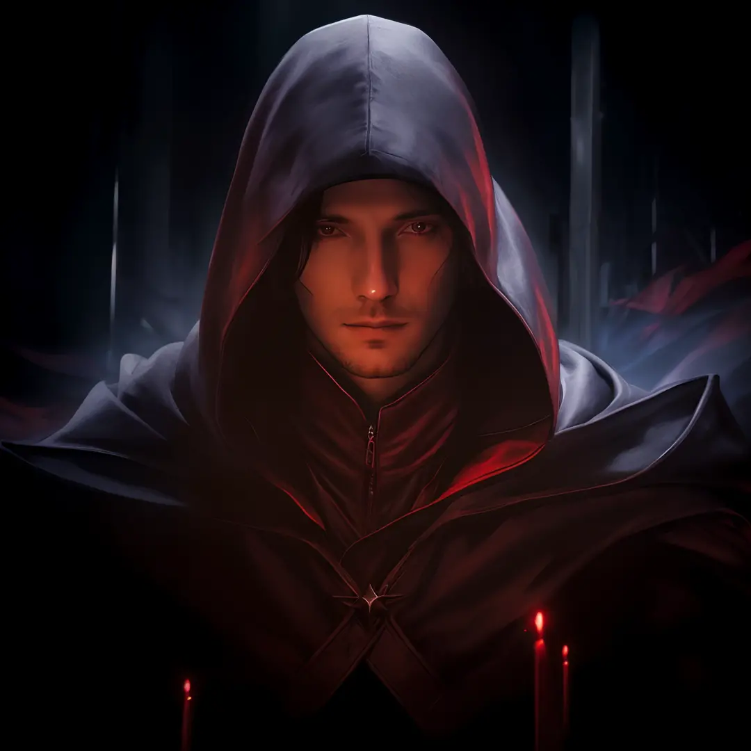 Close-up of a hooded man, dramatic  lighting, red hooded mage, Dark robe, portrait of a red sorcerer, portrait of a mage, Portra...