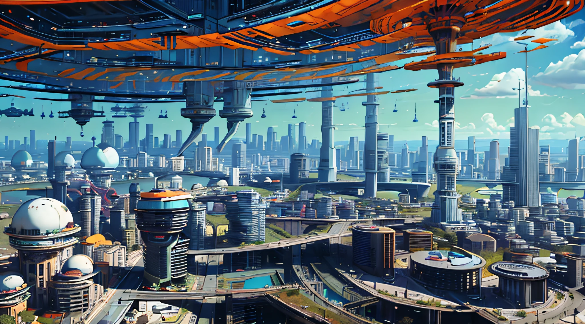 PANORAMIC  scenery, drone view, ELITE PROFESSIONAL ARCHITECTURAL RENDERING, PROJECT PRESENTATION, TRENDY CYBER HIGH-RISE BUILDING, 120-STOREY SUPER-STRUCTURE, CYBER DESIGN, ZAHA HADID SYTLE , LOCATE AT CENTER OF TOKYO, TOKYO SKYTREE TOWER AT BACKGROUND, well WEATHER, SUNNY DAY, sky, clouds, space ships, fighter jets