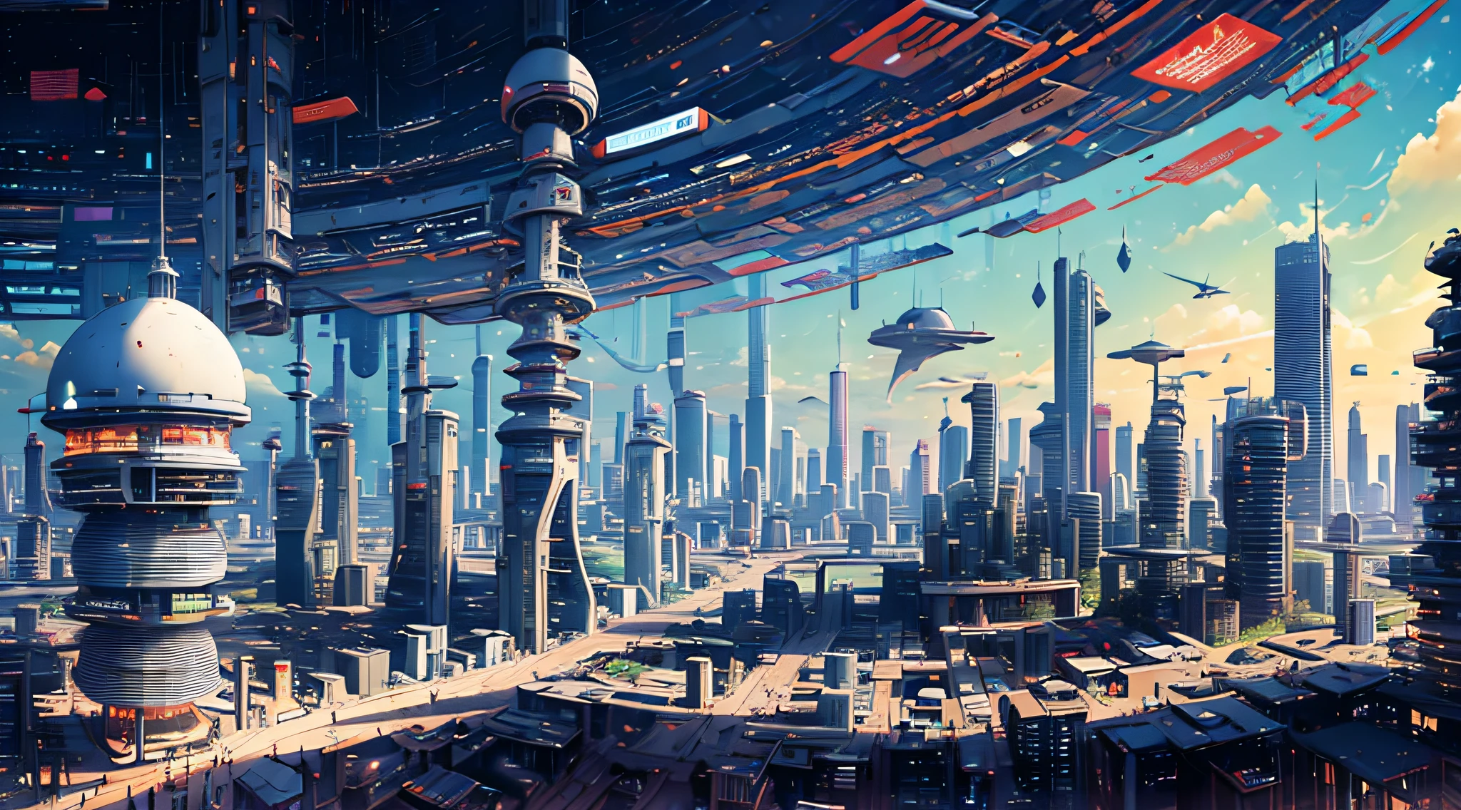 PANORAMIC  scenery, drone view, ELITE PROFESSIONAL ARCHITECTURAL RENDERING, PROJECT PRESENTATION, TRENDY CYBER HIGH-RISE BUILDING, 120-STOREY SUPER-STRUCTURE, CYBER DESIGN, ZAHA HADID SYTLE , LOCATE AT CENTER OF TOKYO, TOKYO SKYTREE TOWER AT BACKGROUND, well WEATHER, SUNNY DAY, sky, clouds, space ships, fighter jets