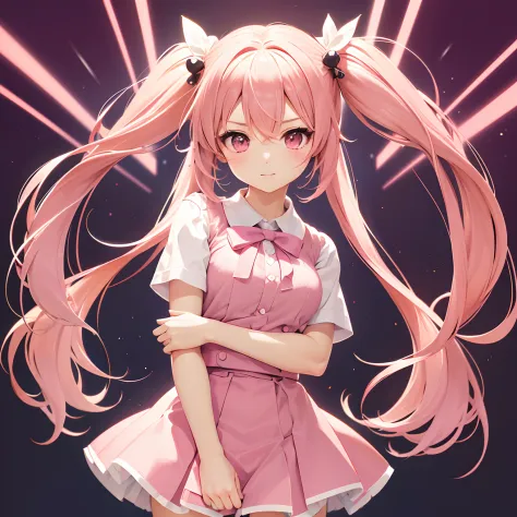 Very cute and (Beautiful Chibi Anime Girl), Solo, Simple background, Beautiful twin tails*Pink* hair,  Beautiful detailed *Pink* High School Uniform, Full body, Standing, high detailed face and *Pink* Eyes, Clearly outlined
