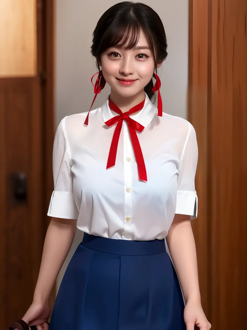 model poses:2、((White short-sleeved shirt:2.5、Red Ribbon:2、Dark blue skirt:2、Colossal tits:2.5、Show your:2))、unparalleled masterpiece ever:2, Ultra-realistic 8K , Perfect Artwork, ((The image of the perfect woman)), female high-school student:2, japanes、Sl...