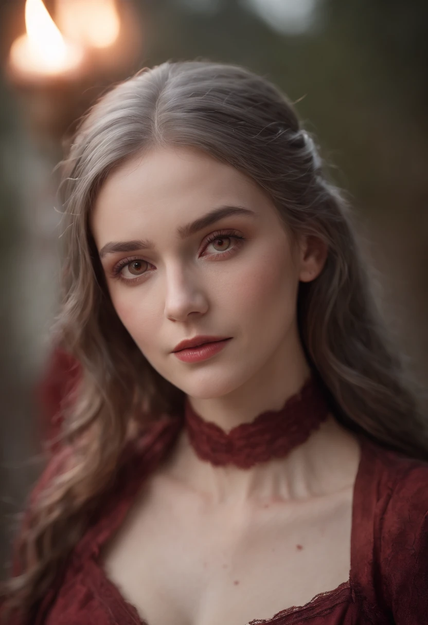 (((A deep red wound streaked across her left cheek))) Fair complexion, A woman around 1, Natural gray hair, Unique green eyes, Wear Cole, Slender and graceful, Beautiful, Candlelight in a medieval setting, super sharp focus, realistic lens, Medieval women's clothing, Four colors (Scar:1.4)