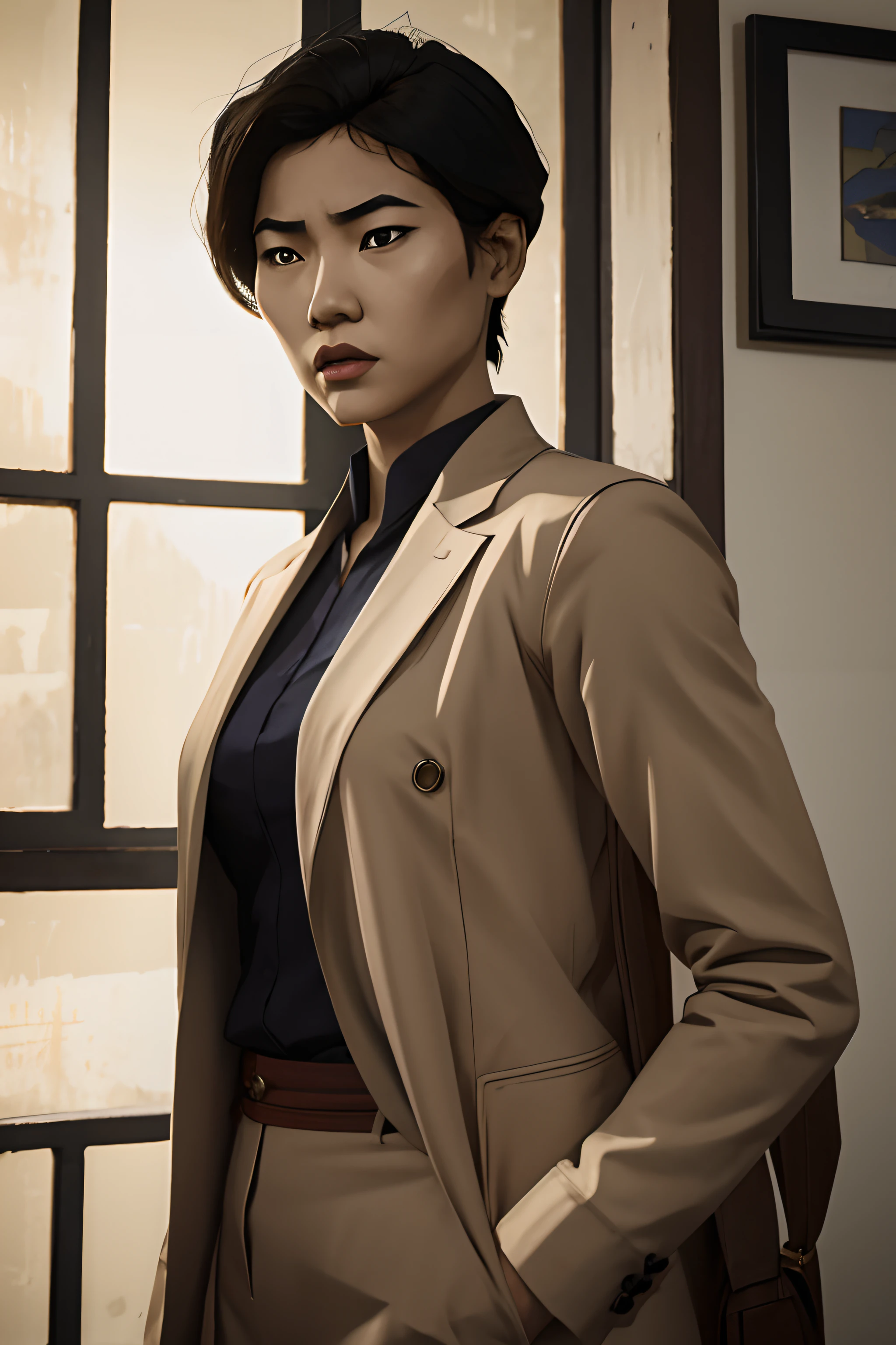 Asian woman with short hair, Detective, slim, serious