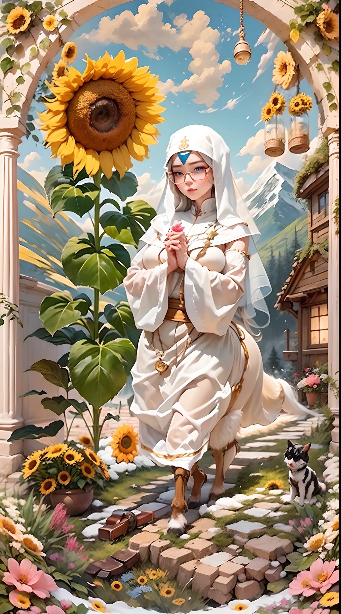 En una escena muy grandiosa，La lente gran angular extra grande captura la apariencia de una centauro femenina.。Es una monja adoradora de girasoles。Ella es alta，Tiene la máxima belleza con curvas.，Los músculos son delgados y firmes.，Hermosas lineas。Ella tiene（Ojos azul cielo súper enormes.：99.99），Siempre con gafas sexys。（Viste traje solemne de monja.：9.9），Pisar una bota de tacón tipo rascacielos，Una cruz rosa cuelga de su pecho.。（Frente a ella hay una maceta con un girasol tejido y una sonrisa curativa a modo de iconostasio.：99.99）。Utilice las herramientas avanzadas de Midjourney，Diseña trajes de monja nobles y solemnes para centauros，y resaltar sus características fisiológicas únicas y detalles de apariencia.，Añade realismo。Y en el contexto de sus oraciones y escucha de confesiones，Espectaculares vistas de la naturaleza.，Como el cielo donde se alternan tormentas y días soleados.、Brillantes ríos de estrellas y auroras.、La cumbre nevada del monte Everest、Fuegos artificiales en el pueblo de montaña., etc.。al mismo tiempo，Alejado del bullicio junto a la ermita，Crea una escena fantástica。Utilice las herramientas avanzadas de Midjourney and multiple color palettes、Pinceladas、Herramientas de textura y paquetes de modelos.，Muestra una sensación de atmósfera donde conviven la belleza y el encanto.。El encanto de la centauro femenina se resalta a través del color y las líneas.，Mejora el realismo con detalles，Crea una sensación de ensueño surrealista。Además，Usa las herramientas de Midjourney para agregar varios accesorios y libros de exorcismo a la centauro femenina.、pergaminos，Crea peinados y atuendos complejos，Dale una sensación de prima。ella nunca se inmuta，No importa qué monstruo encuentres，puede responder rápidamente，Incluso los ejércitos más extremos de desastres naturales y monstruos no pudieron detenerla a ella ni a su frente.（El único girasol de la imagen con efecto Tyndall que irradia luz solar.：999.9）。Utilice las poderosas herramientas de Midjourney，Puedes hacerlo con increíble detalle y belleza.，Da vida a esta grandiosa y hermosa escena。Escenas ultra grandiosas，tiro súper amplio， hdr，（Realismo，calidad de obra maestra，la mejor calidad），