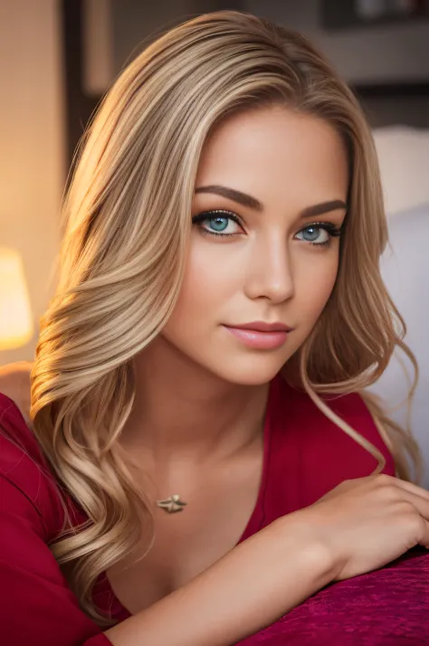 A young and beautiful woman, frisiertes blondes Haar，In Wellen sanft auf die Schultern fallen lassen, medium, big green eyes, mi...