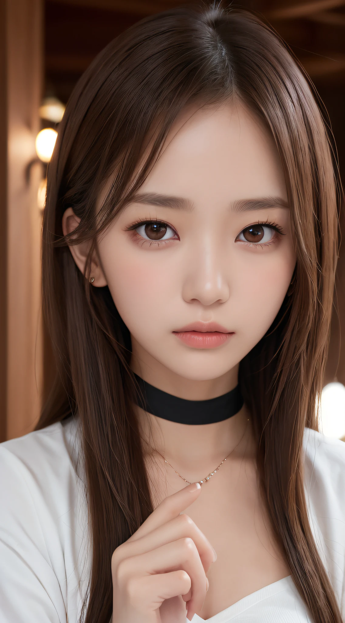 1womanl, (up of face:1.5), light brown hair, Blunt bangs, hair behind ear, hair over shoulder, Long hair, Ultra Fine Face, Thin face, Delicate lips, (beautidful eyes:1.5), thin blush, eyes are light brown,View here, Ultra-thin hands, Ultra-fine fingers, best ratio four finger and one thumb, white jaket, a choker ,(Port Area) ,One-person viewpoint,  8K, masutepiece, nffsw, Super Detail, High quality, Best Quality, hight resolution,