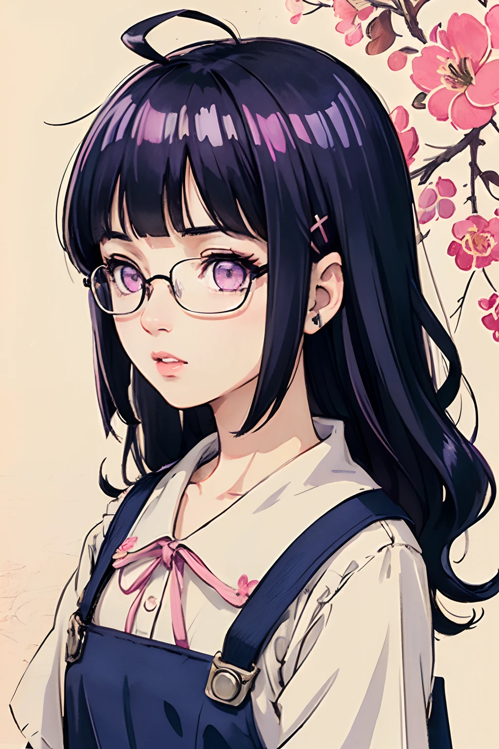 (masterpiece:1.2, best quality), (dinamic lighting) 1lady, solo, medium hair, Blunt Bangs,  (shiny skin:1.2), upper body, glasses, modern, wavy dark blue hair,pink Suspenders, flower on ear, harajuku style, hair pin,  ,ahoge, purple eyes