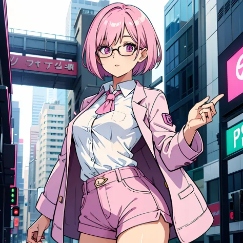 Woman with pink bob hair, pink eyes, prescription glasses, small breasts, white blouse, purple jacket, shorts, city background.
