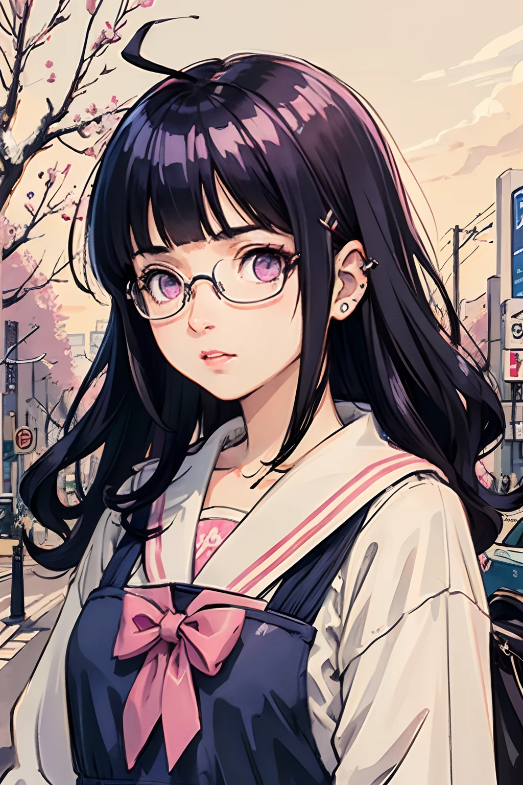 (masterpiece:1.2, best quality), (dinamic lighting) 1lady, solo, medium hair, Blunt Bangs,  (shiny skin:1.2), upper body, glasses, modern, wavy dark blue hair,pink Suspenders, flower on ear, harajuku style, hair pin, loli ,ahoge, purple eyes