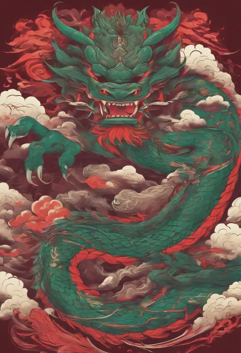 China-style，Chinese mythology，Chinese Green Dragon，tosen，Ferocious，gargantuan，The eyes glow red，Glow effects，surrounded by cloud，Thick clouds，buliding，中景 the scene is，Full body like， highly detailed surreal vfx，oc rendered，