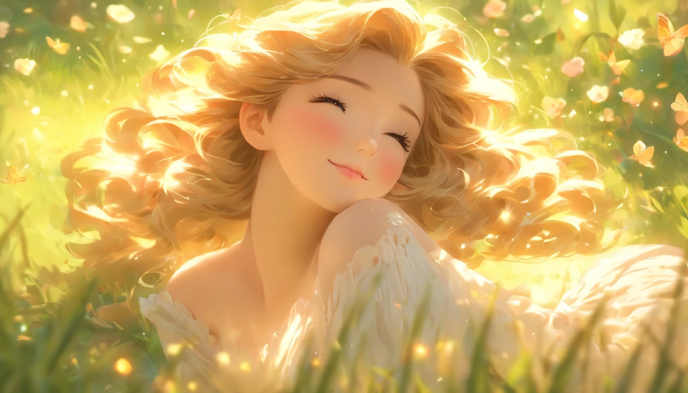 (highres,masterpiece:1.2),ultra-detailed,(realistic,photorealistic,photo-realistic:1.37),beautiful detailed eyes,beautiful detailed lips,extremely detailed eyes and face,longeyelashes,garden,soft morning light,peaceful atmosphere,blush pink color palette,flowing silk dress,fragrant flowers,gentle breeze,sparkling dewdrops,warm sunshine on the girl's face,graceful and relaxed pose,comfortable and luxurious bedroom,serene expression,wonderful dreamy feeling,wavy golden hair,tiny birds chirping in the background,fresh green grass,tall trees reaching towards the sky,tranquil and enchanting surroundings,subtle colors blending harmoniously,sublime beauty of nature,dainty butterflies fluttering around,delicate features,serene atmosphere,soft music playing in the air,calm and tranquil morning scene,relaxing and rejuvenating start to the day.