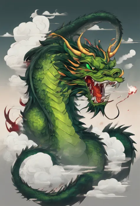 China-style，Chinese mythology，Chinese Green Dragon，tosen，Ferocious，gargantuan，The eyes glow red，Glow effects，surrounded by cloud，Thick clouds，buliding，中景 the scene is，Full body like， highly detailed surreal vfx，oc rendered，