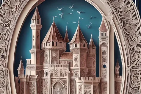Create a detailed paper cut artistic representation of a medieval castle with ((intricate details)) and ((highest quality)). The composition should feature the castle against a dramatic sunset backdrop, with a moat and drawbridge. Incorporate the rich colo...