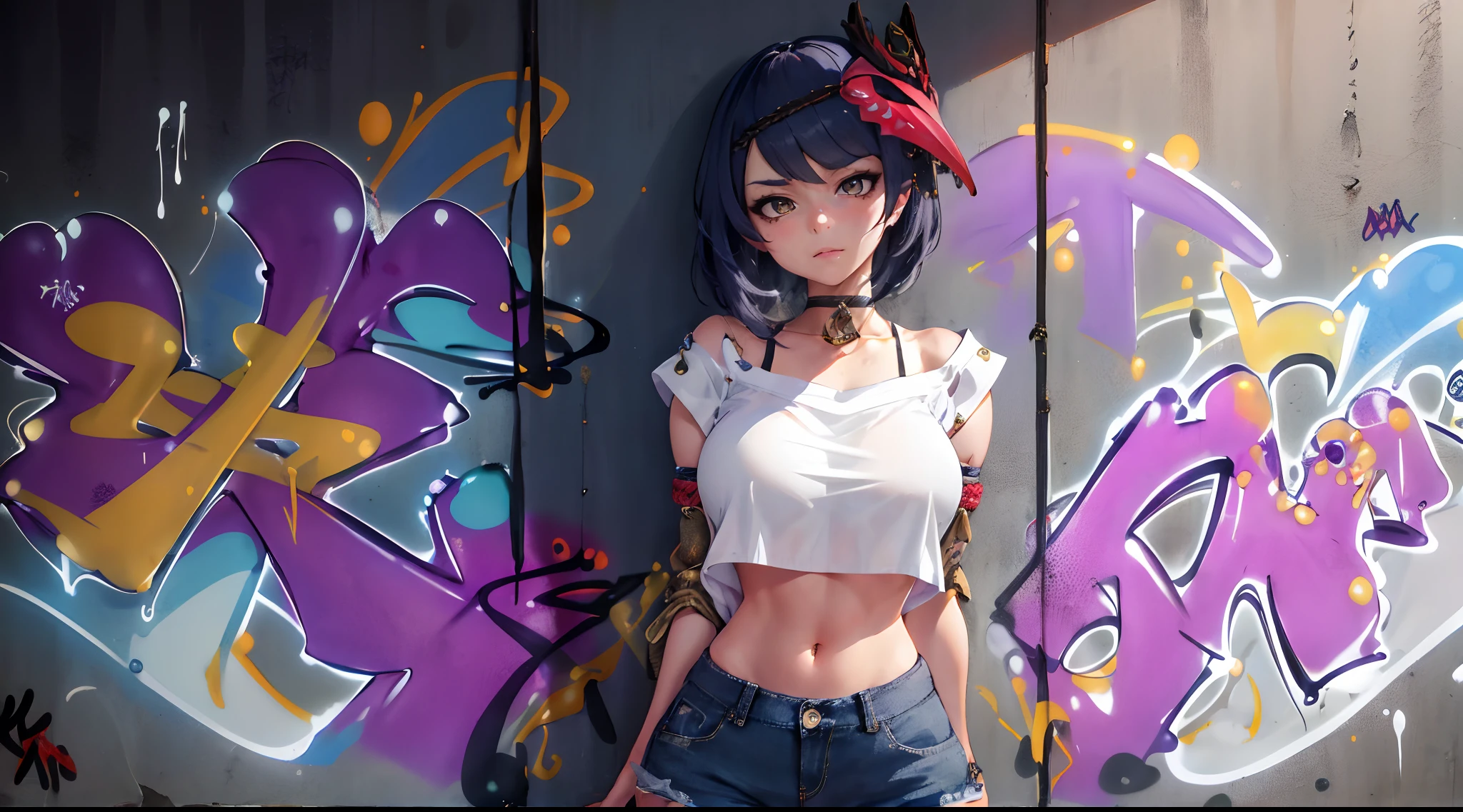 Kujou Sara Genshin Effect, masterpiece, bestquality, 1girls, mediuml breasts, bara, crop top, shorts jeans, choker, (Graffiti:1.5), Splash with purple lightning pattern., arm behind back, against wall, View viewers from the front., Thigh strap, Head tilt, bored, Ponytail, water eyes,