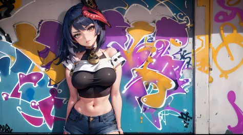 Kujou Sara Genshin Effect, masterpiece, bestquality, 1girls, mediuml breasts, bara, crop top, shorts jeans, choker, (Graffiti:1....