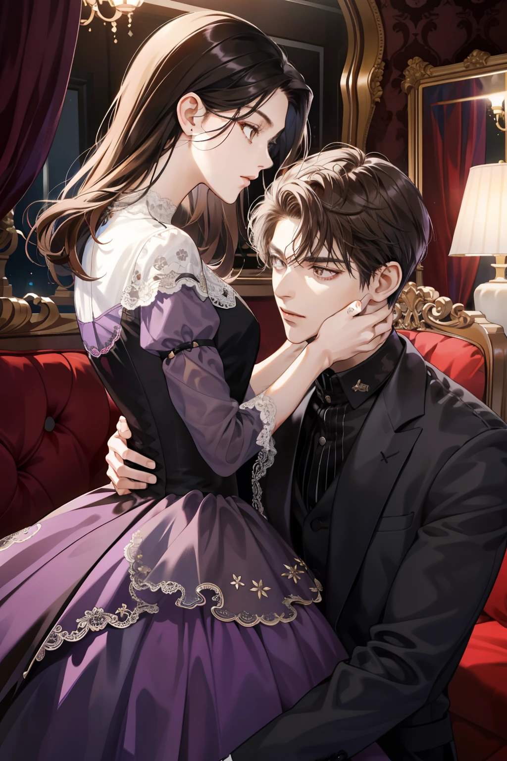 Anime couple in victorian dress sitting on red couch in room - SeaArt AI