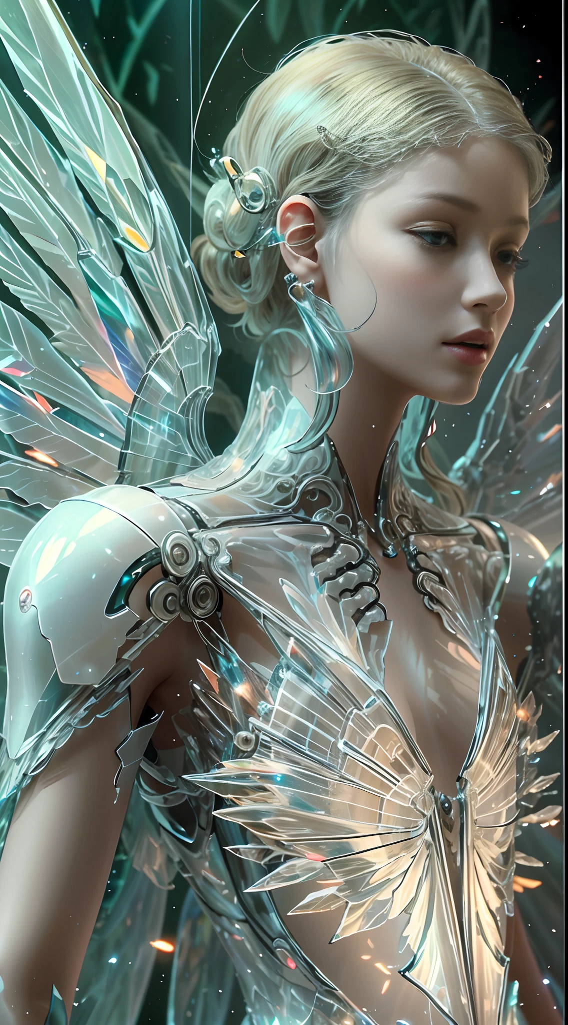 半透明空灵机械天使，未来派天使机械关节，半透明天使的翅膀，