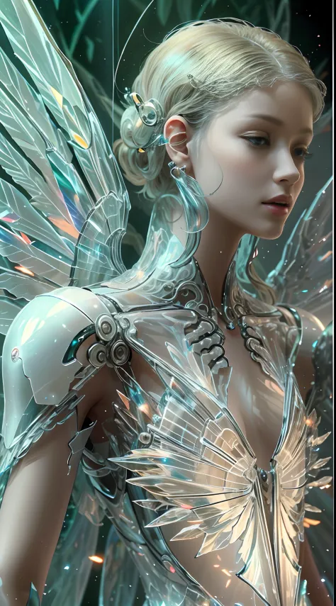 Translucent ethereal mechanical angel，Futuristic angels，Mechanical joints，Translucent angel wings，