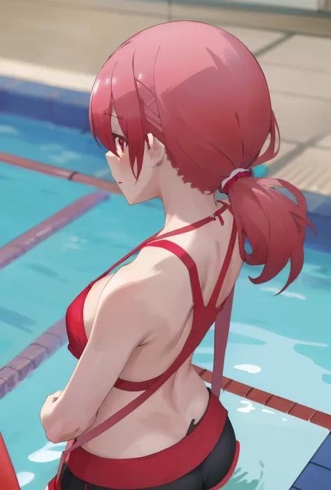 tsukasa, view from back, bikini bajo camiseta larga, bragas rosadas, sonrojo, piscina