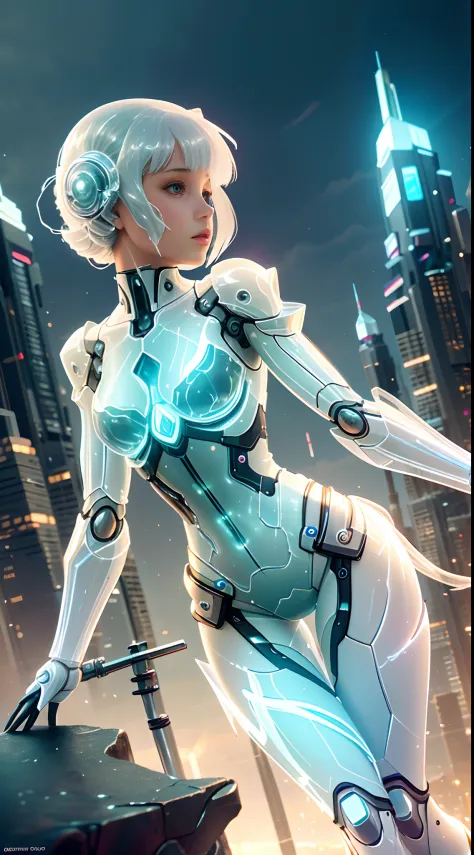 Translucent ethereal mechanical girl，Futuristic girl，Mechanical joints，futuristic urban background