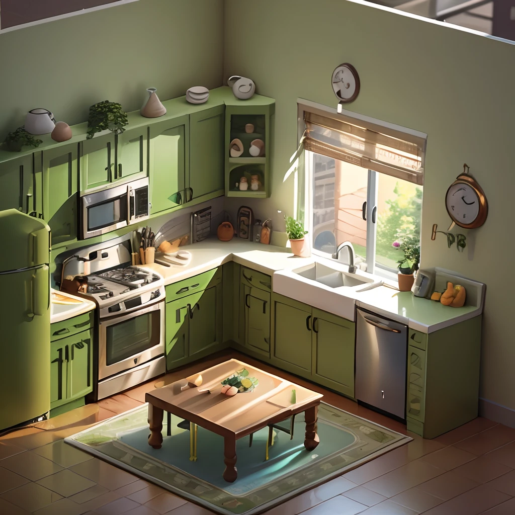 isometria, Cocina en sección, refrigerador verde, Mesa,juego 3D,soleado,luz calida