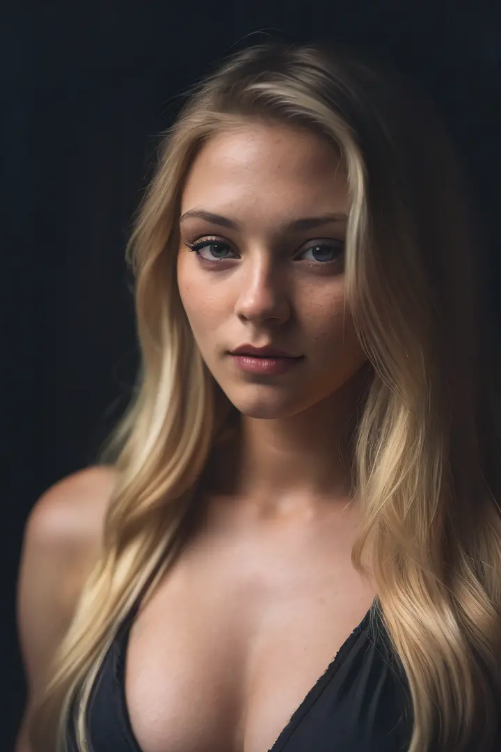 , editorial photograph of a 23 year old woman with long blonde hair), (highly detailed face:1.4) (smile:0.7) (background inside dark, moody, private study:1.3) POV, by lee jeffries, nikon d850, film stock photograph ,4 kodak portra 400 ,camera f1.6 lens ,r...
