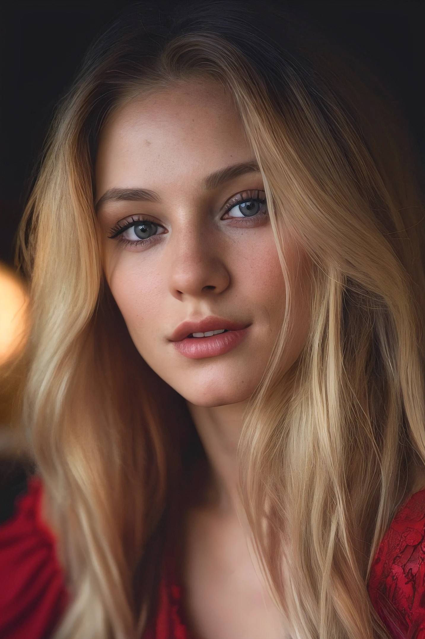 (close-up, editorial photograph of a 23 year old woman with long blonde hair), (highly detailed face:1.4) (smile:0.7) (background inside dark, moody, private study:1.3) POV, by lee jeffries, nikon d850, film stock photograph ,4 kodak portra 400 ,camera f1.6 lens ,rich colors ,hyper realistic ,lifelike texture, dramatic lighting , cinestill 800,good body and big cleavage wearing red dress lying on road, big 