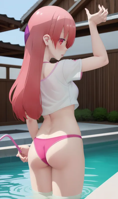 Tsukasa is in a pool, she is wearing a pink bikini under a loose white t-shirt, the drawing is from a perspective behind her and her butt is slightly exposed in the area near her thigh.