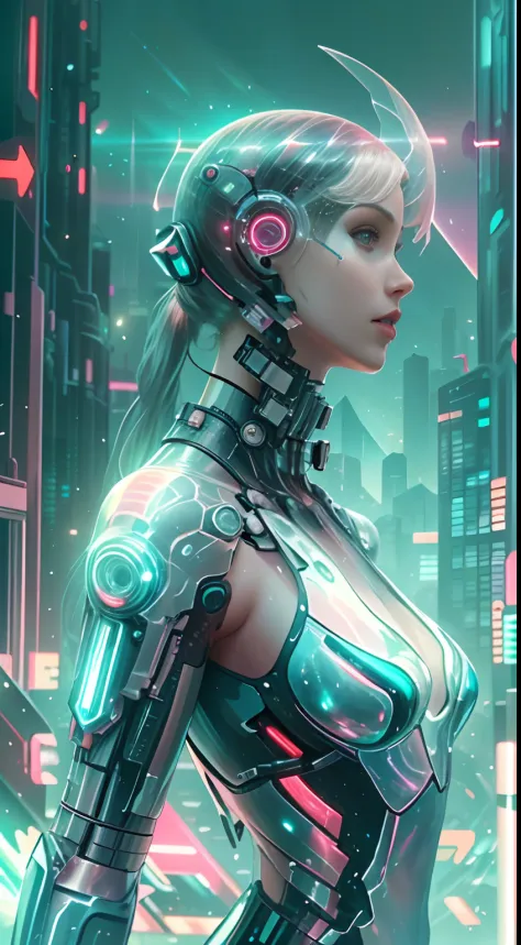 Translucent ethereal mechanical girl，Futuristic girl，Mechanical joints，futuristic urban background，Beautiful sci-fi art, Science...