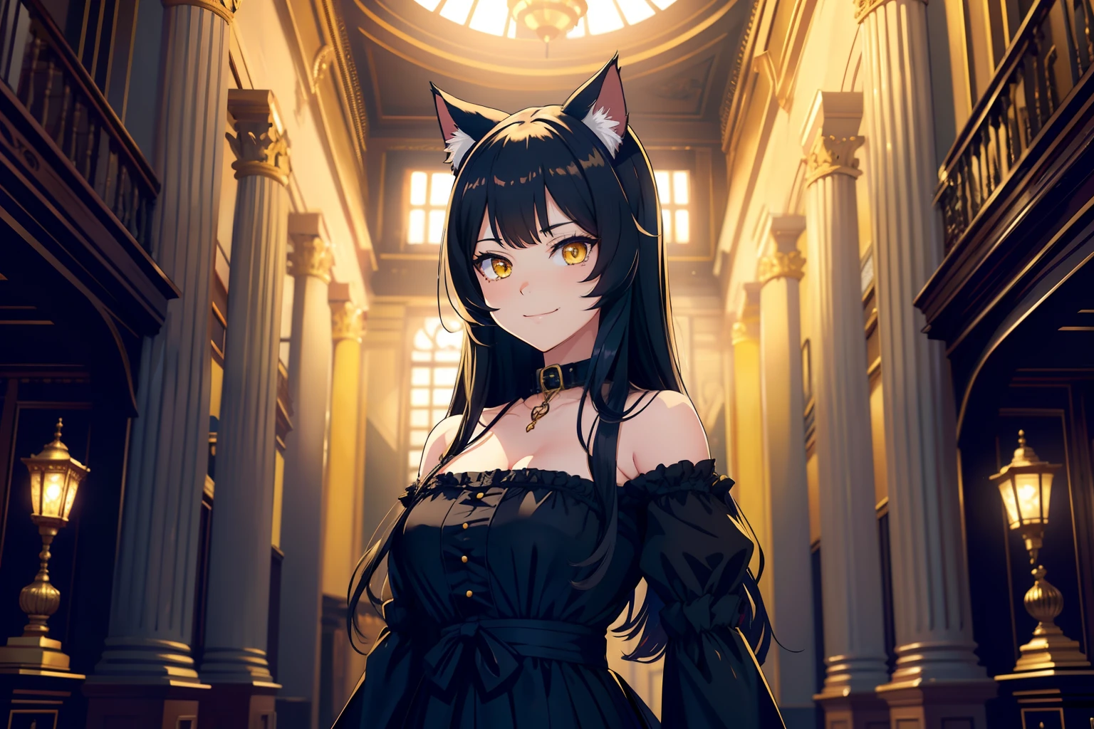(best quality, 4k, 8k, high-res, masterpiece, ultra-detailed, anime style, baroque style), (solo, 1girl, cat ears, long black hair, dark yellow eyes, catgirl, playful smile, smug, looking at viewer, turned to viewer), (collar, black clothes), (classical interior), sun temple interior behind, saint ambience around, classical interior