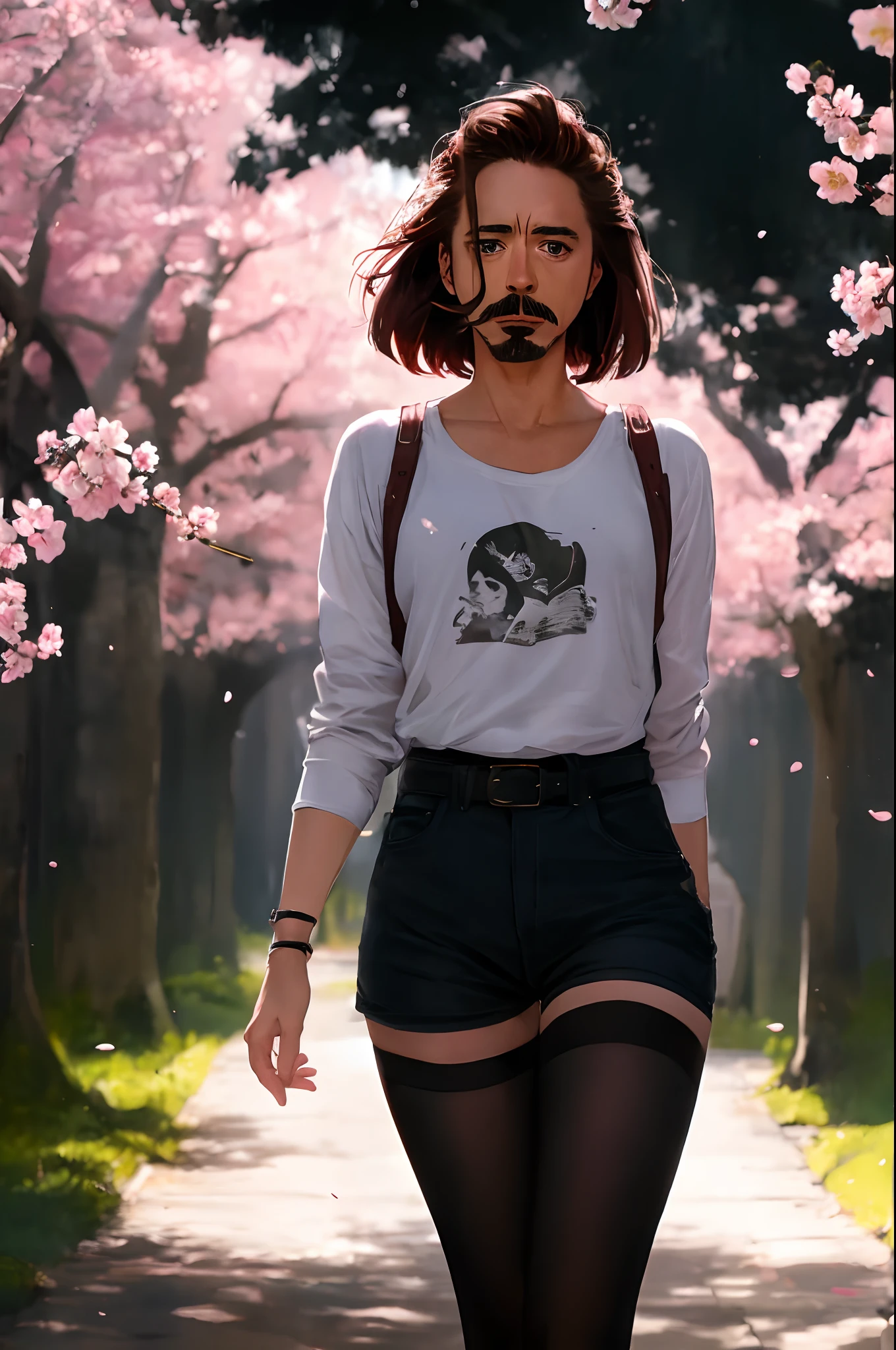 Robert Downey as a 16 year old girl, rock shirt, tiny shorts, waist-high black tights, exposed thighs, very fair skin, Robert Downey's haircut, Mustache and goatee, Temple of Saolin, cherry blossom , Indirect lighting, volumetric light, hyper-detailed, Captured by Panavision Panaflex Platinum