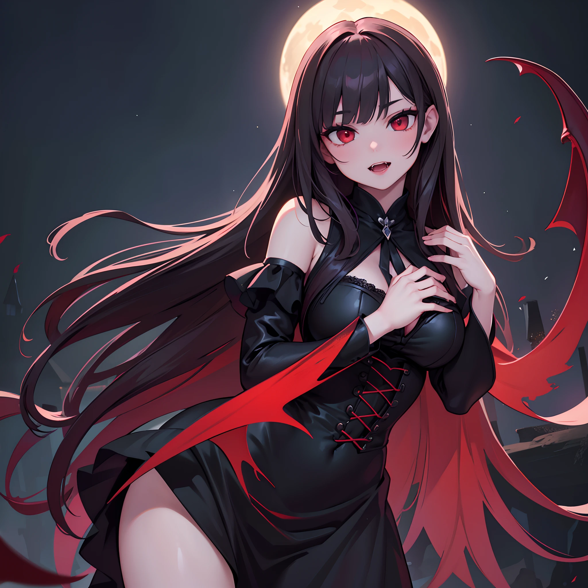 (best quality,4k,8k,highres,masterpiece:1.2),ultra-detailed,(realistic,photorealistic,photo-realistic:1.37),cute,sexy,female,vampire,red eyes,sharp fangs,mesmerizing gaze,pale skin,long dark hair,blood-red lips,elegant posture,mysterious atmosphere,gothic background,dramatic lighting,seductive pose,flowing black dress,nighttime setting,moonlit sky,fangs glinting in the moonlight,enchanted forest,ethereal beauty