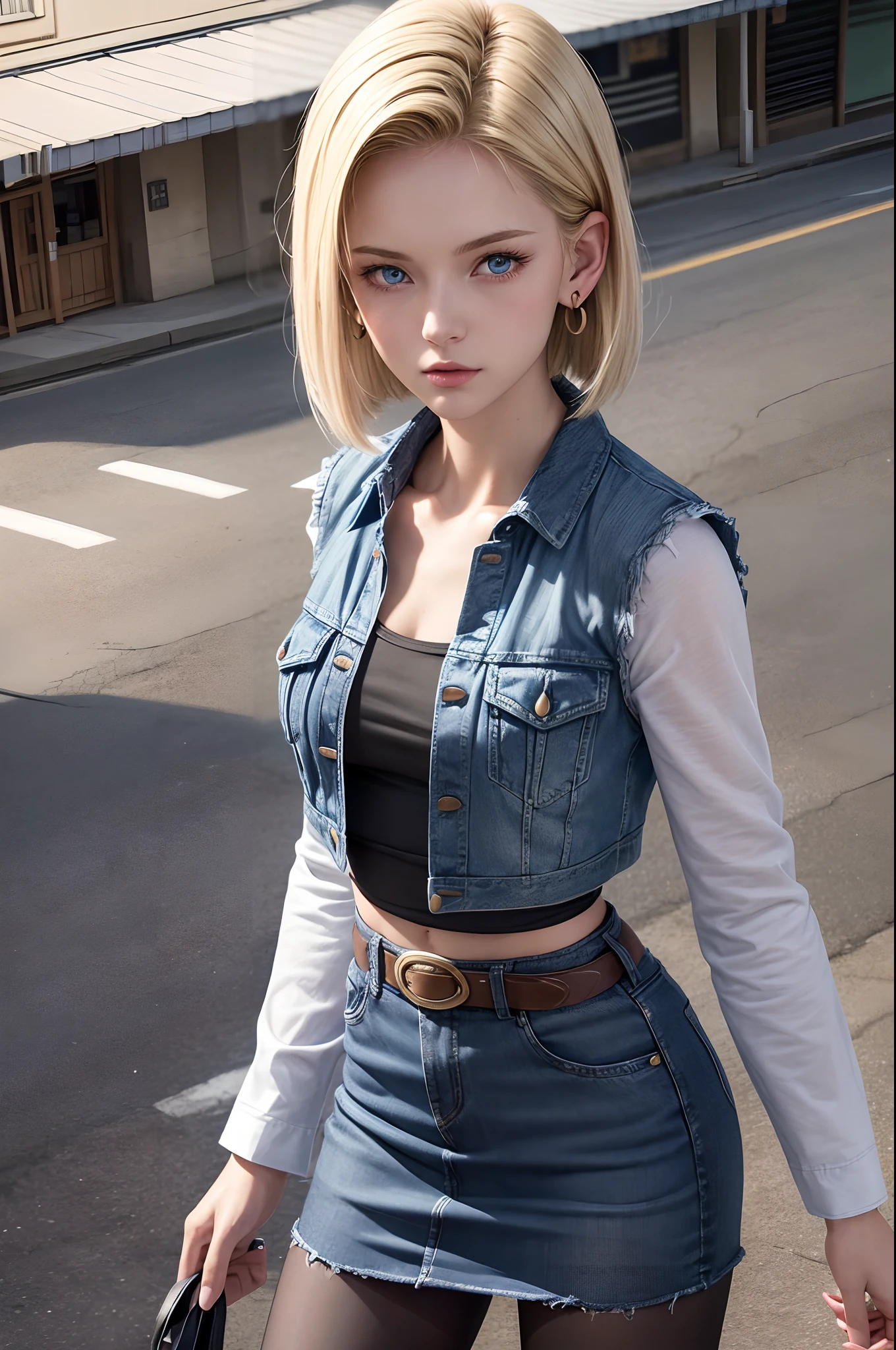 Best quality, A high resolution, and18, 1girl in, Android 18, Solo, Blonde hair, Blue eyes, Short hair, Earrings, jewelry, denim vest, Open vest, Black pantyhose, Black shirt, Denim skirt, Striped long sleeves, Blue skirt, Medium breasts, Cowboy shot, street, (Externally expanded Chest: 1.2)