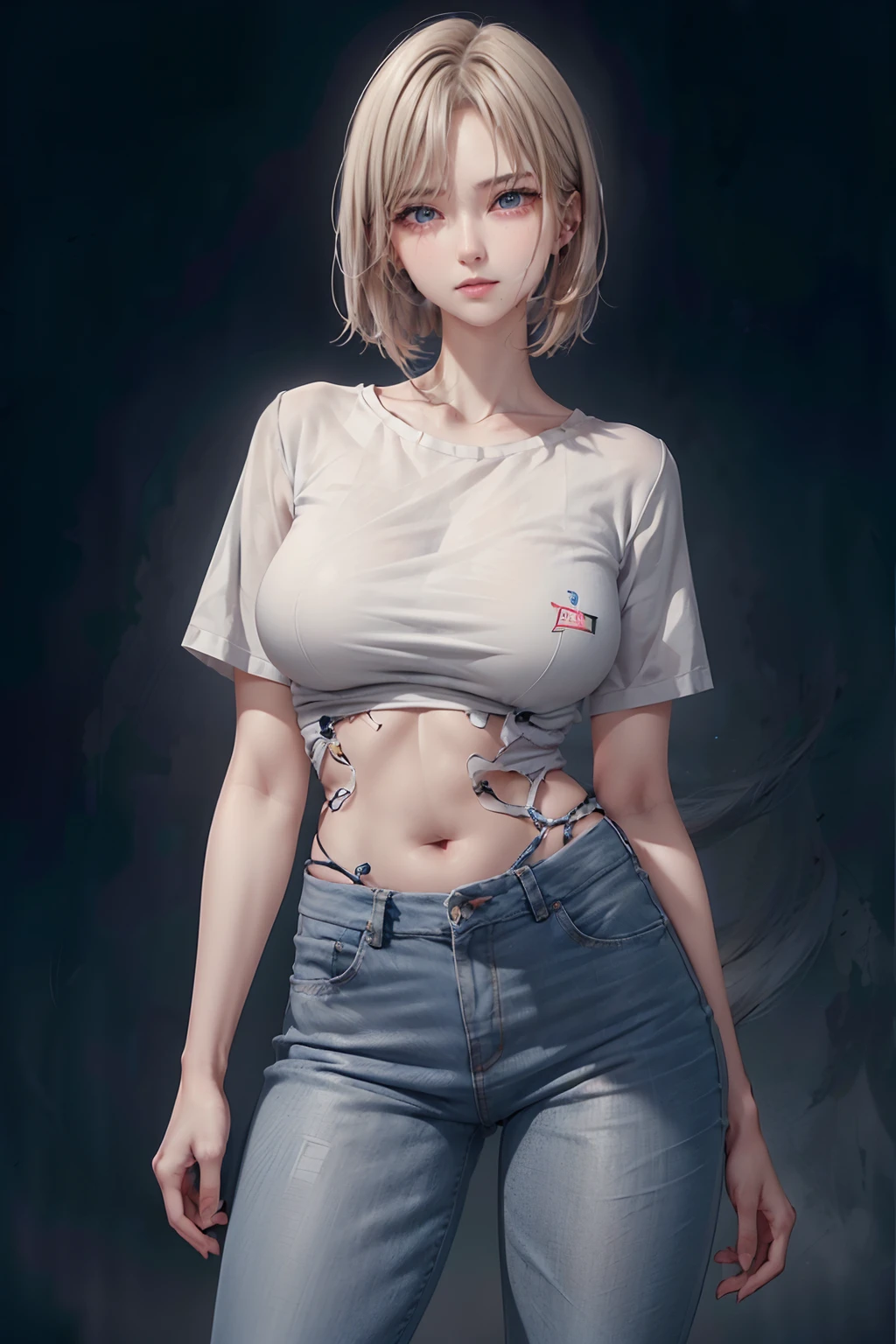 (Best quality:1.2),Masterpiece,(Realism:1.4),
1girll,Android_18,and18,model poses,standing,Blue eyes,parted lip,blond hairbl,Short hair,White shirt,waist circumference,Slender waist,Skinny jeans,Thighs, Thighs,(Large span:1.6),Raised sexy,
Dynamic Angle,
Breasts,