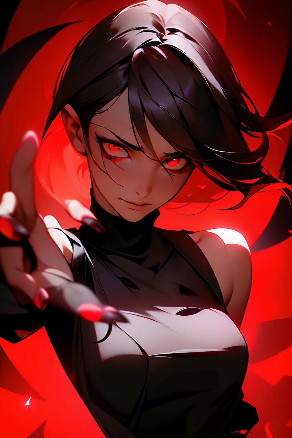 ((Best quality)), ((Masterpiece)), (Detailed: 1.4), Black dress, Dark black hair, woman, Hair fluttering，Glowing red eyes, Black background, Dark environment, Scary, junji ito undertones, Inspired by Japanese horror films, Fingers open, Fingers scratch your face