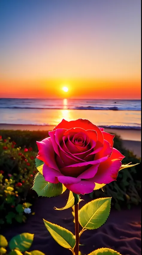 (photo-realistic:1.37), close-up shot, rose flower, real texture, vibrant colors, sunset by the sea, gorgeous, warm lighting, ocean view