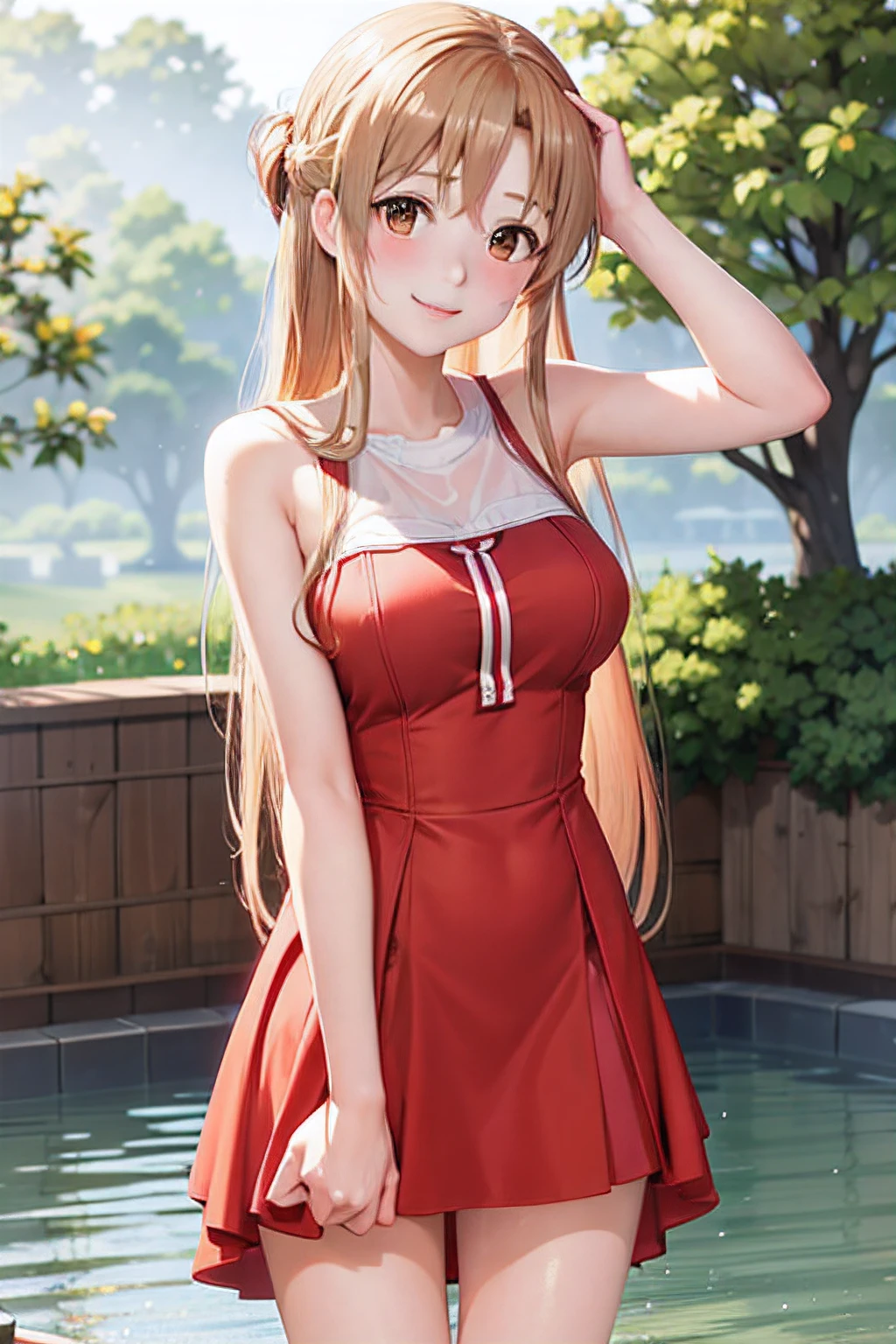 Anime girl in red dress posing by a pool with a hat on - SeaArt AI