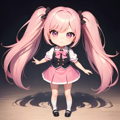 Very cute and (Beautiful Chibi Anime Girl), Solo, Simple background, Beautiful twin tails*Pink* hair,  Beautiful detailed *Pink* High School Uniform, Full body, Standing, high detailed face and *Pink* Eyes, Clearly outlined