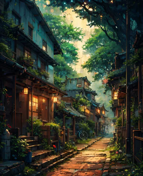 a painting of a street with a bicycle parked on the side of it, japanese street, andreas rocha style, forest city streets behind...