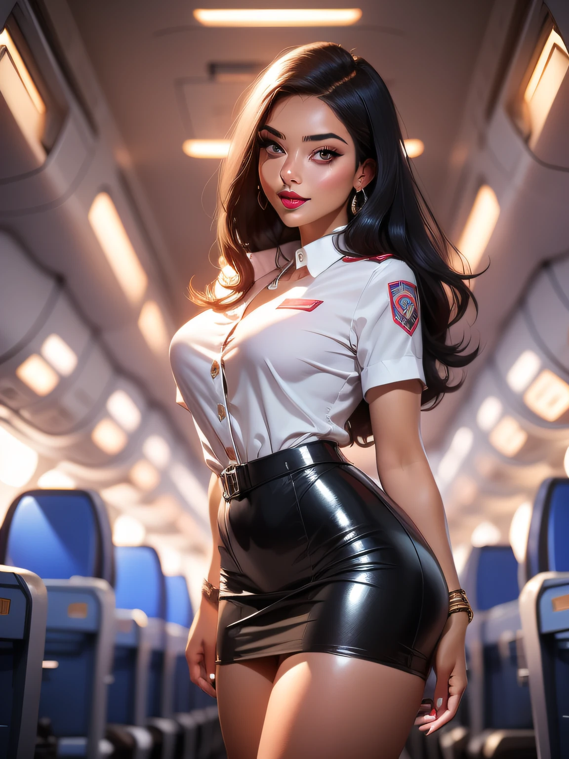 (sexy girl 25 years old),stunning girl, flight attendant,beautifull face,red lips,tight skirt,(white aviator shirt), bare legs,big thighs,big , black hair, dark eyes, looking at viewer, bright skin, (shiny skin:1.2), upper body,smiling subtly,atractive atitude,beautiful,natural (on a business class plane), ,short black skirt,(ultrarealistic),high quality,4k(masterpiece), (best quality)