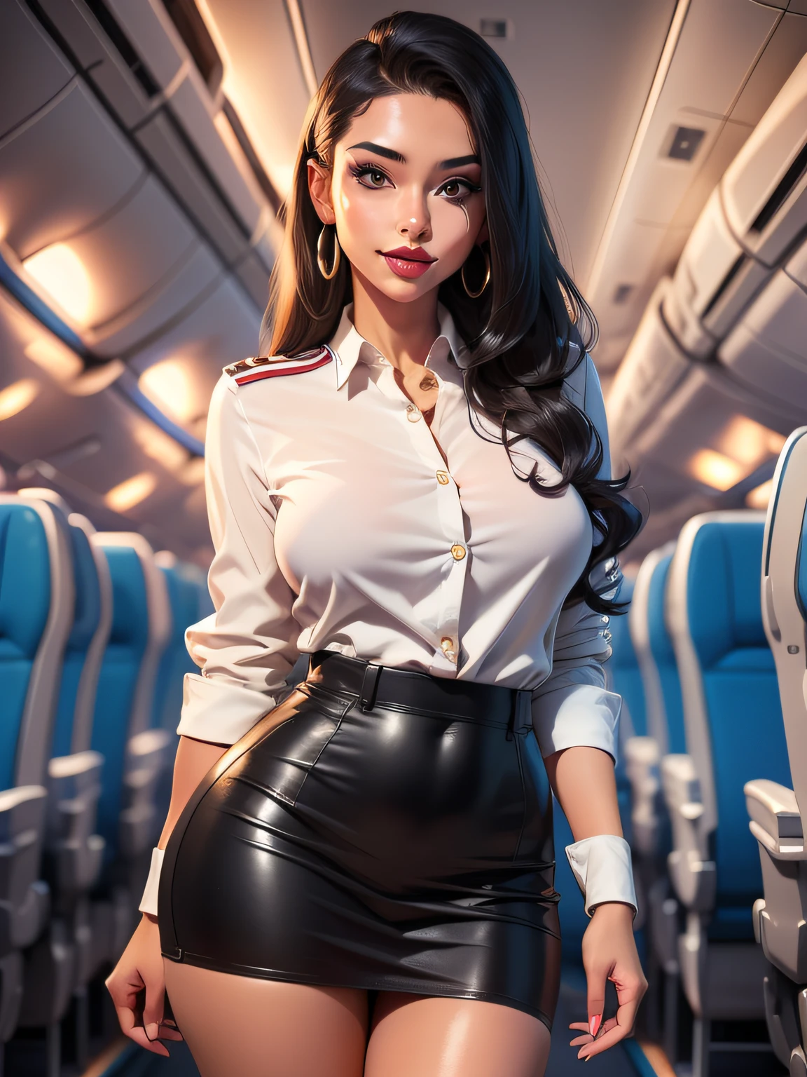 A woman in a short skirt and shirt is standing on a plane - SeaArt AI