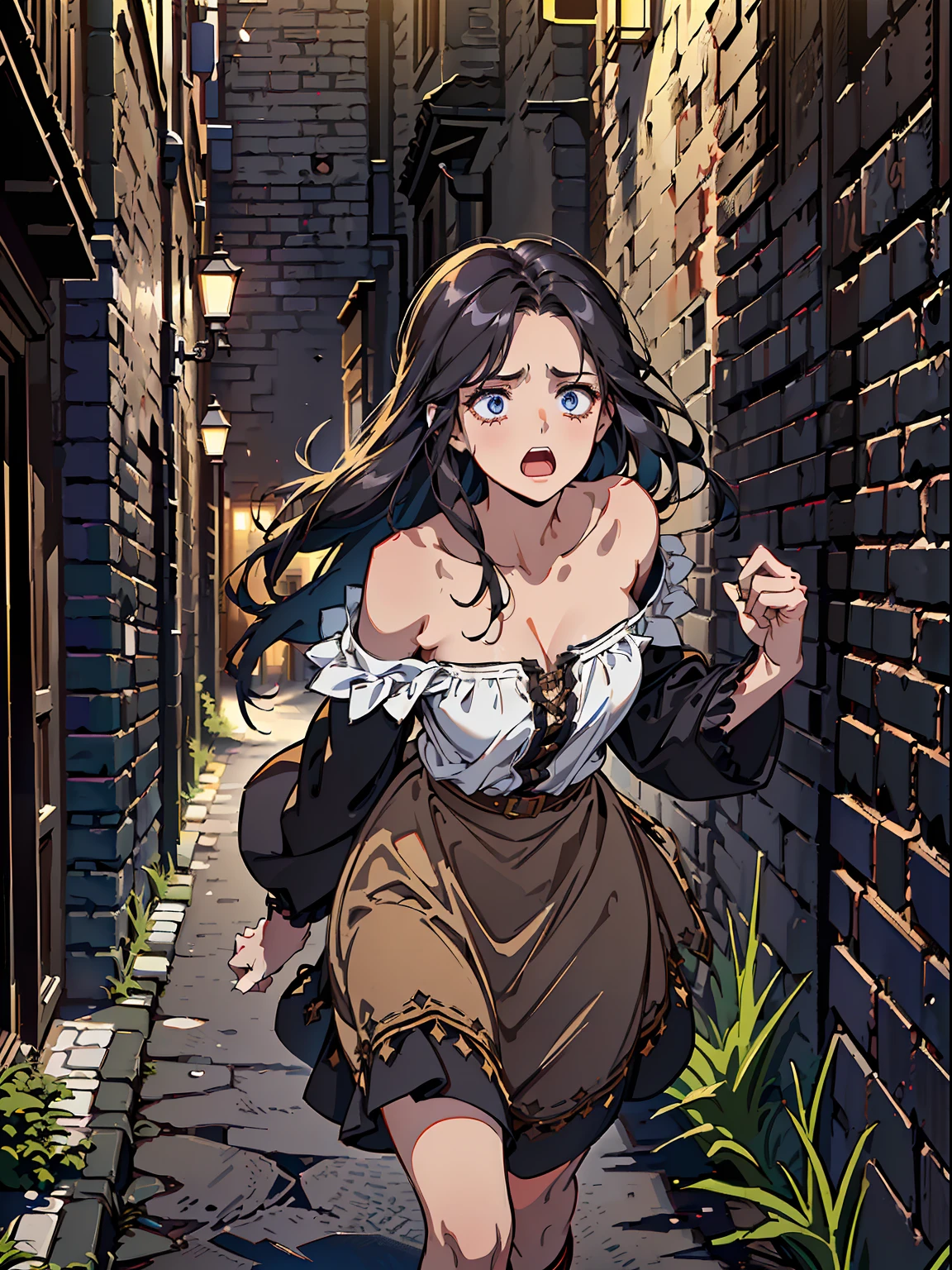 village girl, medieval era, long black hair, dark blue eyes, 1, cute face, medium breasts, brown skirt, white blouse, exposed shoulders, beautiful, tall body, (((A young girl running in an alley way))), (((scared, worried, screaming))), (((alley way, dark road))), (((night time))), (((medieval era, ancient era))), (((isolated, darkness, midnight)))