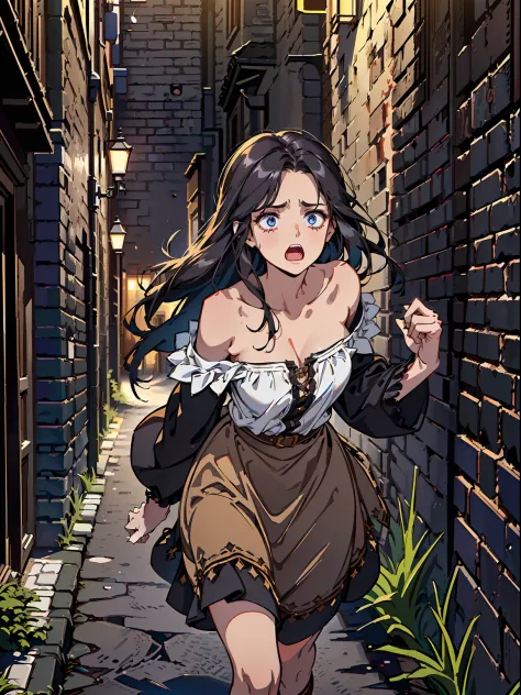village girl, medieval era, long black hair, dark blue eyes, 18 years old, cute face, medium breasts, brown skirt, white blouse,...