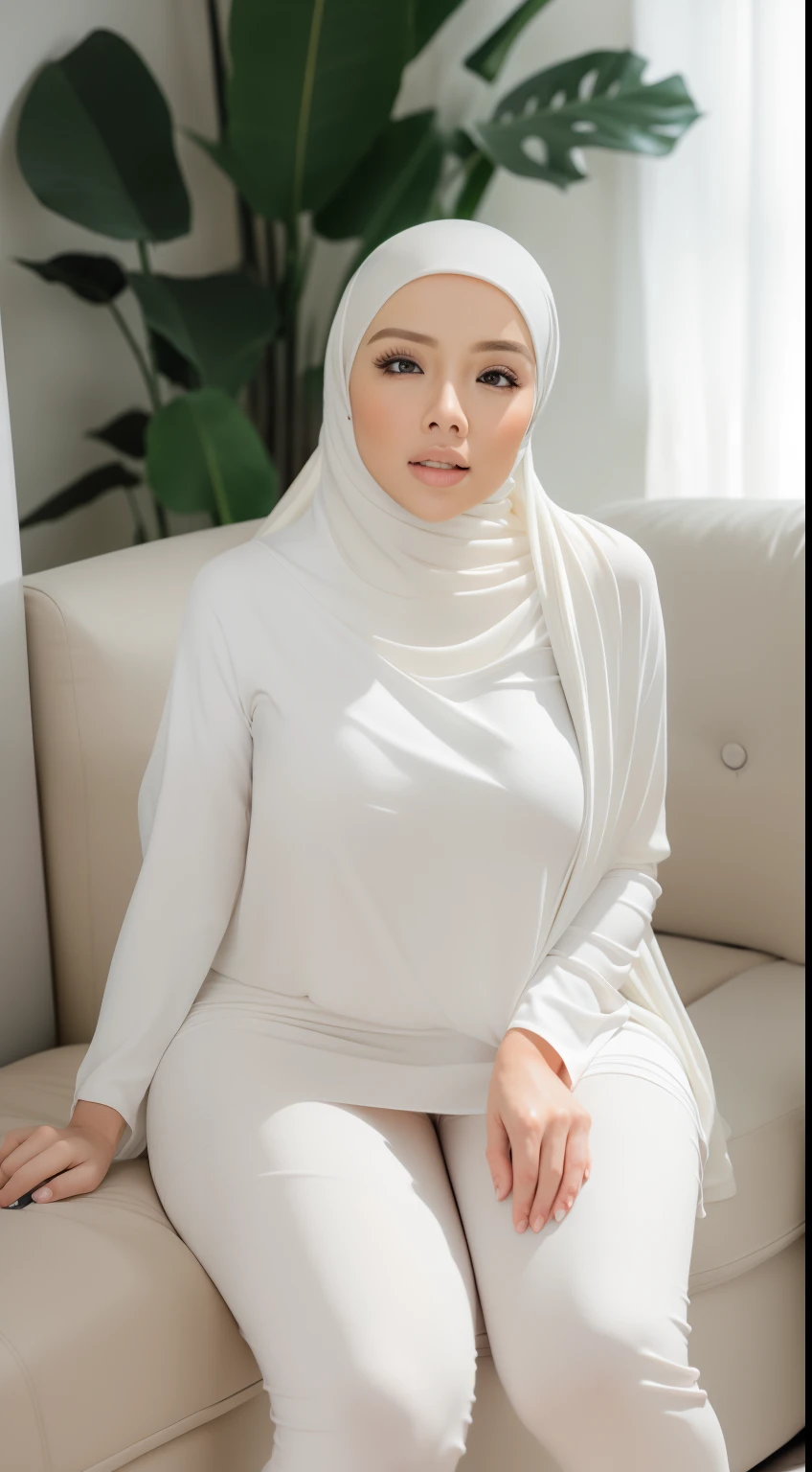 A woman in a white hijab sitting on a couch - SeaArt AI