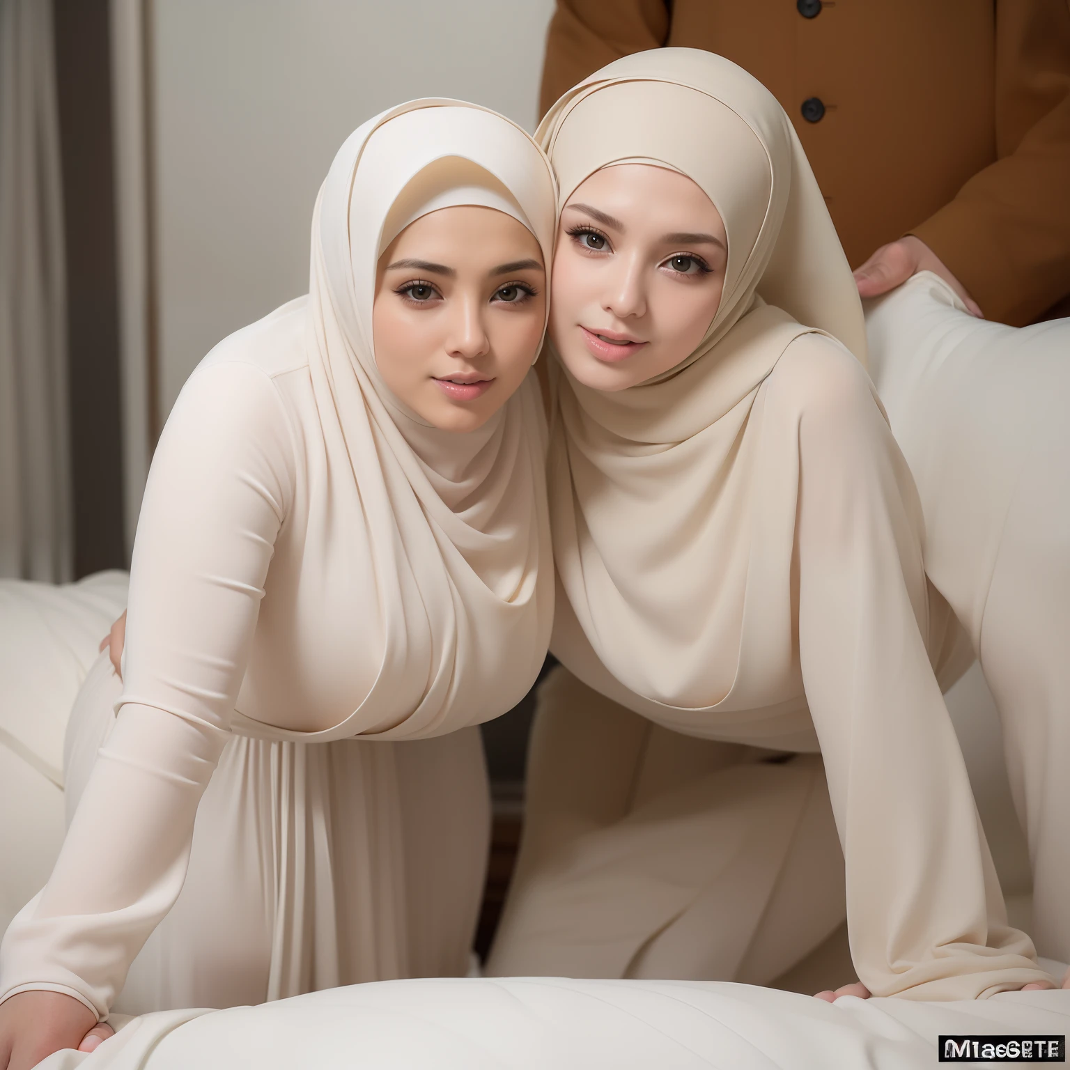 Two women in hijabs pose for a picture on a bed SeaArt AI 