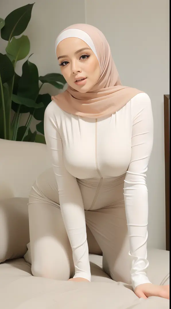 1girl, standing, hijab, malay face, curvy, gymwear, leggings, fit body on  Craiyon