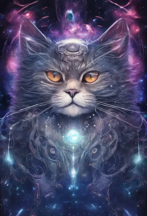 a galactic cat with a lot of hair on it's head, staring at something in ...