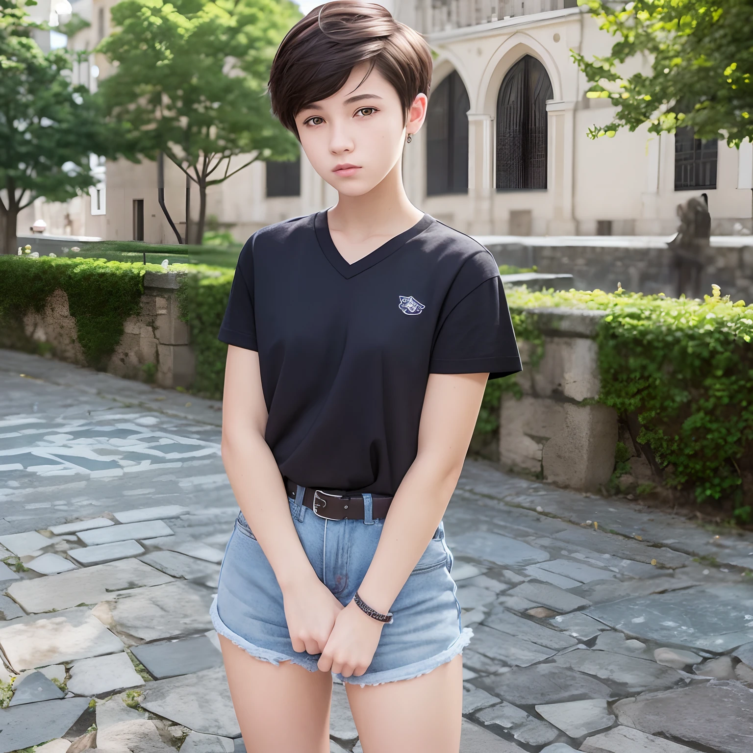 Arafed woman in a black shirt and denim shorts standing on a stone walkway  - SeaArt AI