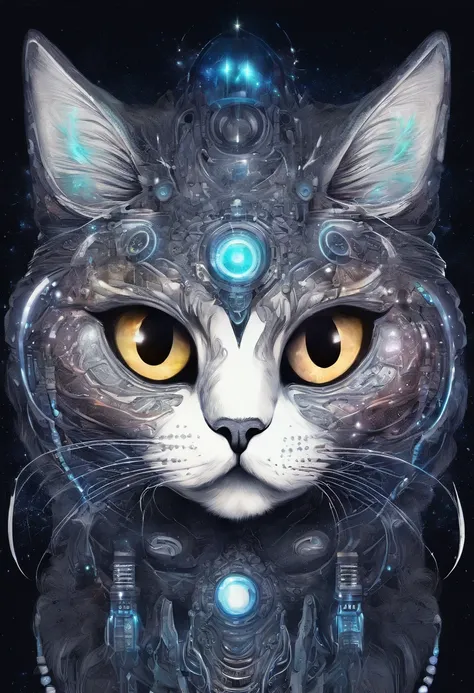 a galactic cat with a lot of hair on it's head, staring at something in ...